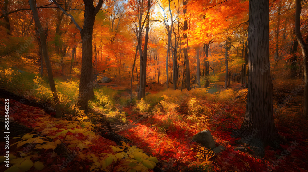 A vibrant and colorful autumn forest, ablaze with the warm hues of red, orange, and gold. AI Generated
