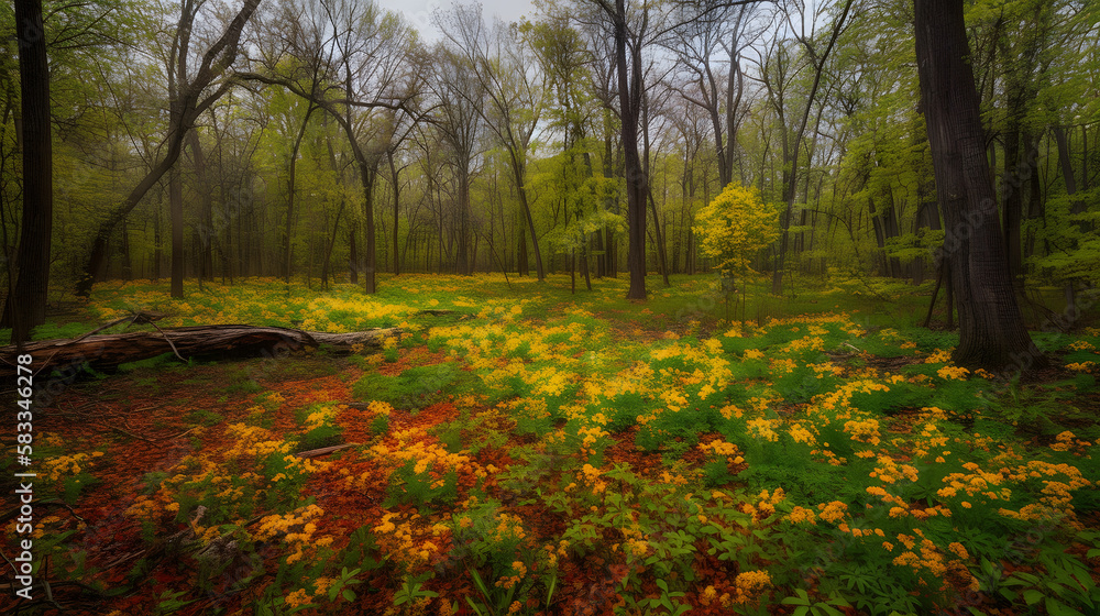 Fototapeta premium A vibrant spring forest landscape, with lush green trees and colorful wildflowers in bloom. AI Generated