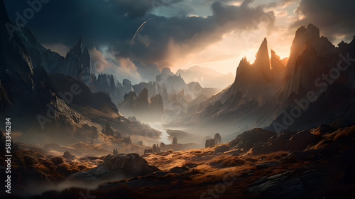 An awe-inspiring alien landscape of jagged mountains, swirling mists, and pulsing energy fields that crackle with an otherworldly power. AI Generated © Ryan