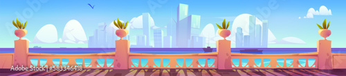 Hotel terrace empty view with sea, cloud and city skyline. Summer vector background of indian palace balcony ocean landscape. Balustrade on ancient patio with green plant. Baroque lounge design