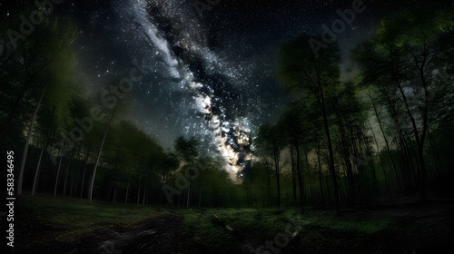 An awe-inspiring view of the Milky Way galaxy over a dense forest. The photograph captures the breathtaking beauty of the night sky. AI Generated