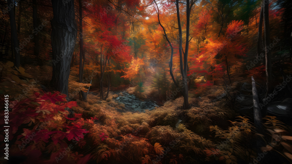An expansive, rugged forest bursting with color, where every tree and leaf is ablaze with autumn hues of red, orange, and gold. AI Generated