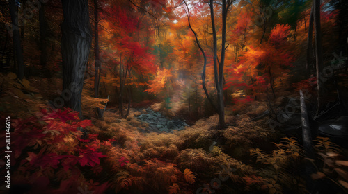 An expansive, rugged forest bursting with color, where every tree and leaf is ablaze with autumn hues of red, orange, and gold. AI Generated