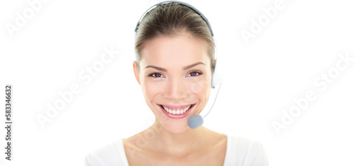 Customer service representative headset woman talking giving online help desk support looking at camera friendly happy and smiling isolated on white background. Asian / Caucasian female girl 20s. 
