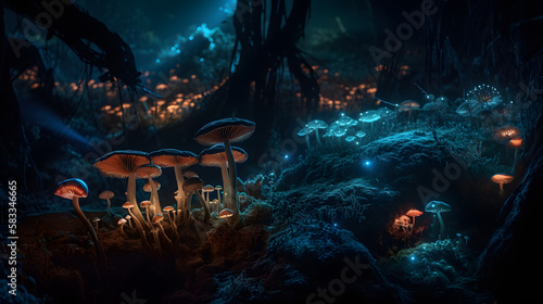 An otherworldly landscape featuring towering, bioluminescent mushrooms that emit an eerie glow, creating an otherworldly atmosphere. AI Generated