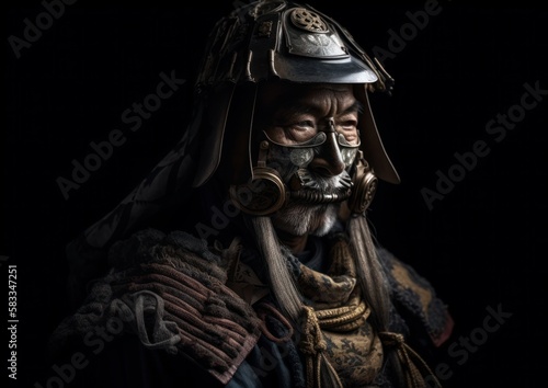 Close up portrait of Samurai with armor and helmet. Generative AI.