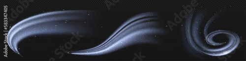 Cold wind snow swirl vector air effect on transparent background. White winter frost wave flow png. Abstract air stream motion with sparkle. Isolated realistic snowstorm trail with glow.