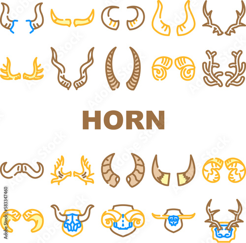 horn animal head wild icons set vector