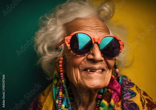 Portrait of a joyful elderly woman with colorful sunglasses. Generative AI.