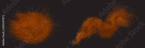 Cacao powder or coffee explosion splash isolated vector on dark background. Brown cinnamon burst on dark background. Dirt ground blast effect with flying grain particle. Splatter design illustration.