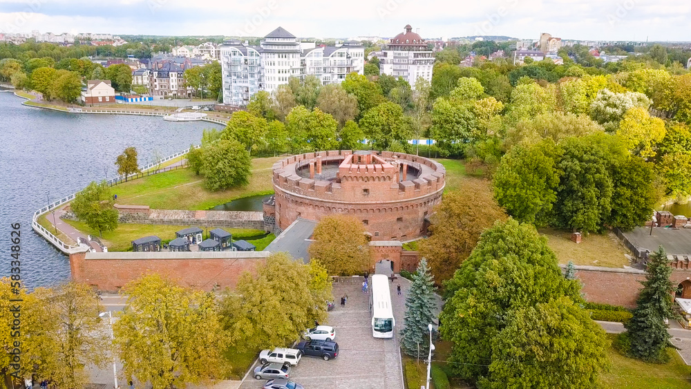 Russia, Kaliningrad - September 22, 2018: KALININGRAD REGIONAL AMBER MUSEUM. It is housed in a fortress tower dating from the mid-nineteenth century, From Drone