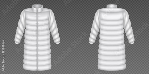 Realistic set of white puffer coat mockups with long sleeve isolated on transparent background. Vector illustration of warm zipped outwear front and back view. Winter or demi season clothes fashion