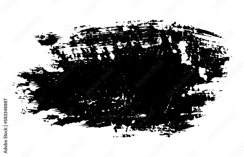 Obraz premium Hand drawn black ink brushstroke texture isolated on white background. Abstract freehand distressed splash. Artistic design element. Vector shape for stamp, seal, frame, banner, grunge background. 