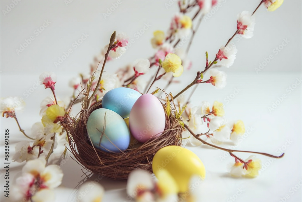 Colorful Easter eggs and a bouquet of willow, generative AI
