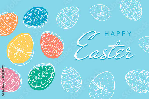 Happy Easter banner with hand drawn colored Easter eggs isolated on blue background. Creative decorative frame template, greeting card. Vector illustration in doodle style.