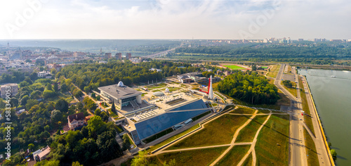 Kaluga, Russia - August 30, 2022: State Museum of the History of Cosmonautics named after K.E. Tsiolkovsky. Space rocket. Aerial view photo