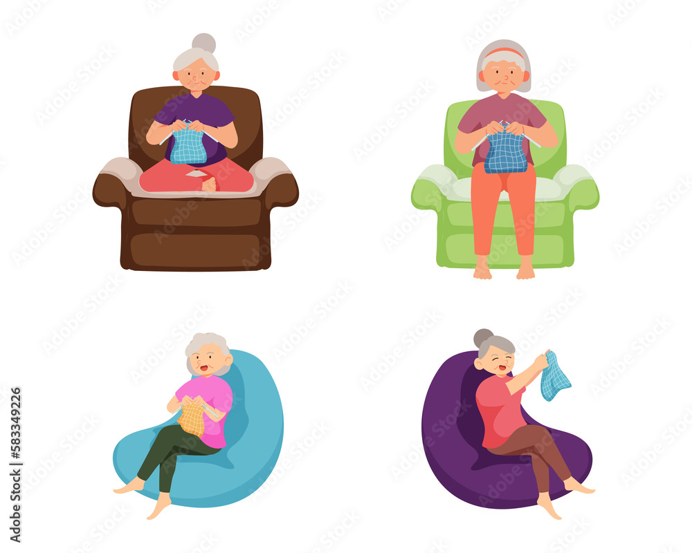 Old woman doing kniting work with happy feeling,in cartoon character, Old woman doing kniting work with happy feeling,in cartoon character,