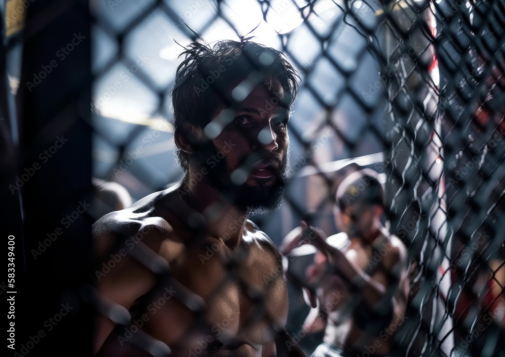 MMA fighters in the cage ready to fight. Generative AI. Stock MMA fighters in the cage ready to fight. Generative AI. Stock
