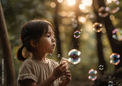 Child blowing soap bubbles in the forest. Generative AI.