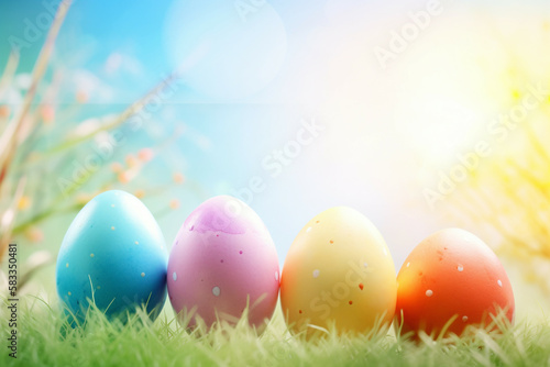 colorful easter eggs on green grass, Generative AI