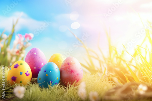 colorful easter eggs on green grass, Generative AI