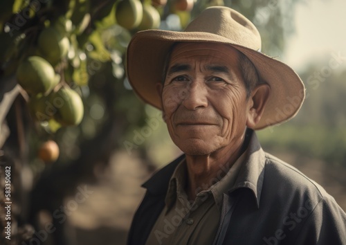 Portrait of an elderly avocado farmer. Generative AI.