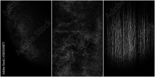 Set of distressed white grainy texture. Dust overlay textured. Grain noise particles. Snow effects pack. Rusted black background. Vector illustration, EPS 10.   