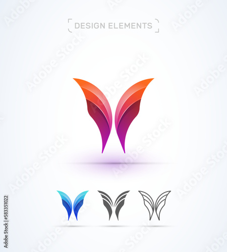 Vector 3d abstract logo template. Letter W, M, X butterfly. Flat and line style
