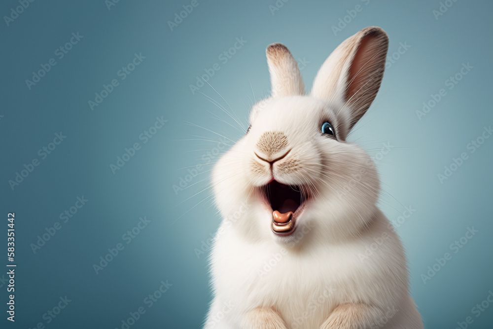 Cute Animal Pet Rabbit Or Bunny White Color Smiling And Laughing Isolated With Copy Space For Easter Background, Generative Ai