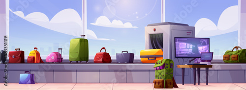 Airport luggage conveyor security belt vector. Check suitcase baggage in scanner machine in airline terminal cartoon illustration. Inspection checkpoint area with modern detector and monitor.