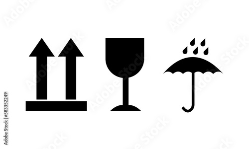 Up, Fragile, Protect from moisture, handling, manipulation signs. Packaging symbol set. Umbrella. Symbols for cardboard box. Parcel with warning icon. Vector illustration. EPS 10