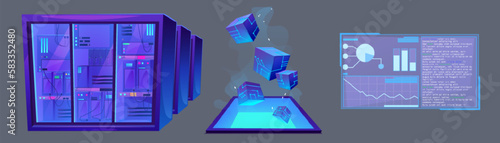 Digital data analysis dashboard, computer server room set. Database storage, blockchain and network communication system concept, vector cartoon illustration
