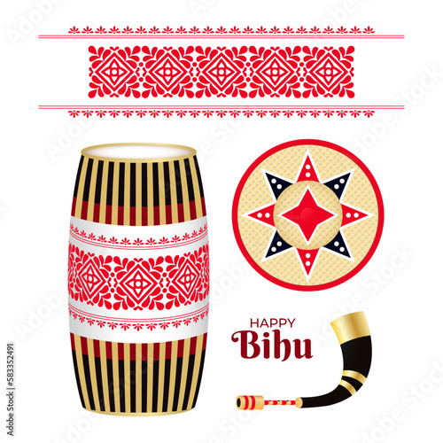 Happy Bihu Assam New Year. Traditional India Harvest Festival Graphic Resource Vector Illustration. Drum (onoinya), fabric print, horn (pepa) and bamboo hat (japi). Magh, Bhogali, Rongali or Kati Bihu photo