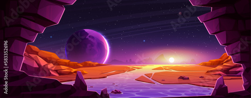 Space background with alien planet landscape. Mars surface with water stream in desert, red ground, mountains, moon, sun and stars in sky at sunset, vector cartoon illustration