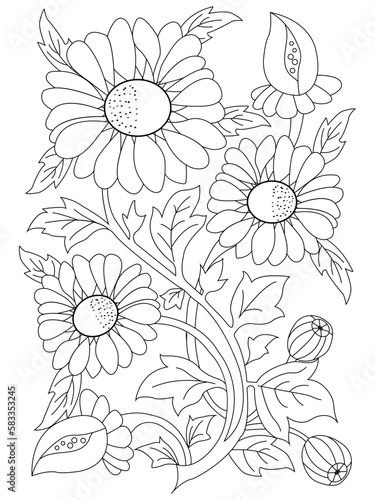 coloring book page for adult and kids. Cute doodle composition with abstract flowers and leaves