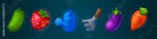 Set of farm game food ui icon with gardening tool. Isolated cartoon watering can, strawberry, cucumber and rake farmer object on dark background. Eggplant and carrot harvest object for app interface.
