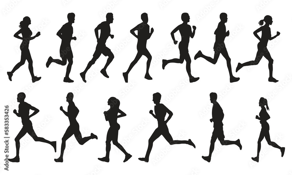 Set of silhouette of men and women running. Side profile. Vector illustration