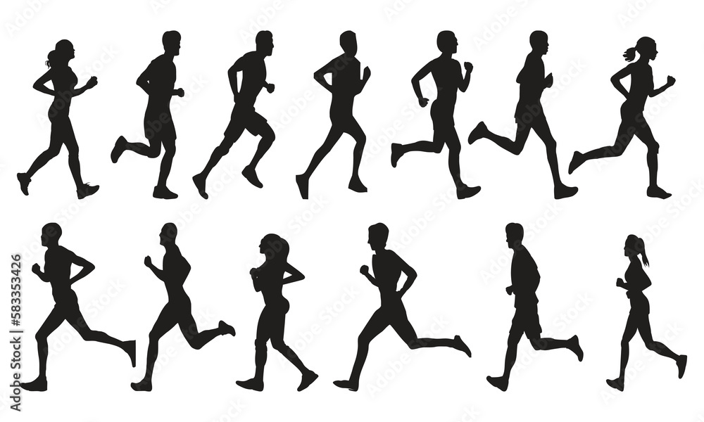 Set of silhouette of men and women running. Side profile. Vector illustration Set of silhouette of men and women running. Side profile. Vector illustration