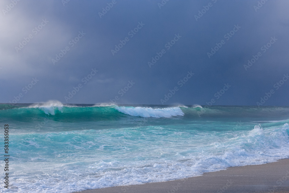 Big storm waves of Mediterranean sea on Alanya beach Turkey coast