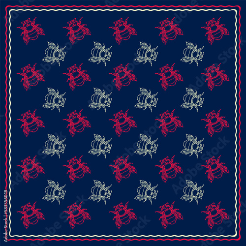 Square pattern with bumblebee. Hand-drawn silhouettes of insects. Bandana. Vector.