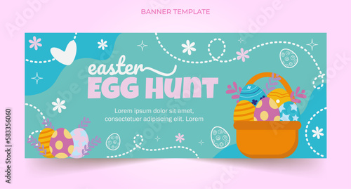 Happy Easter blue banner vector design, holiday background, egg hunt event, editable illustration with basket, flowers, and hearts