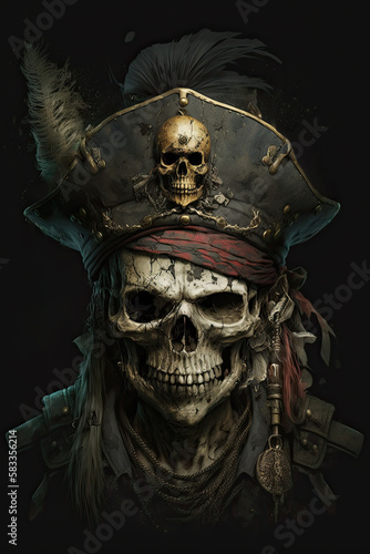 Pirate skull with bandana and hat. Digital painting style. Generative ai.