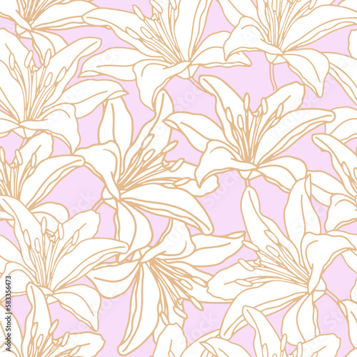Lily flower hand drawn seamless pattern for textile or wallpaper. Vector background. Lily flower hand drawn seamless pattern for textile or wallpaper.