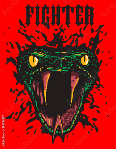 Foto Snake Attacks, Fangs and Yellow Eyes, Inscription - Fighter, Vector Illustratin,