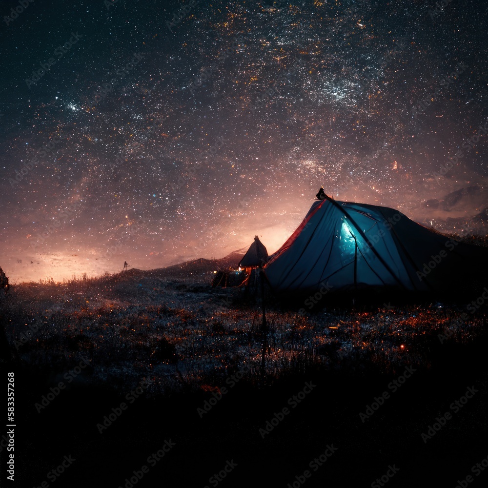 A tent is on a hill at night and the galaxy is visible in the sky. Generate Ai