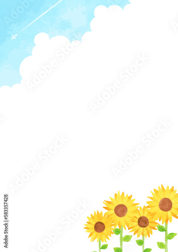 シンプルな手描きのヒマワリと青空の背景イラスト