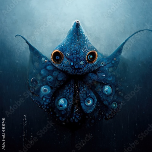 This image features a blue Ocean fish octopus, a large shark, and rain falling on the ocean. Generate Ai