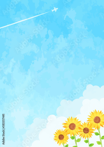 ヒマワリと青空の背景イラスト