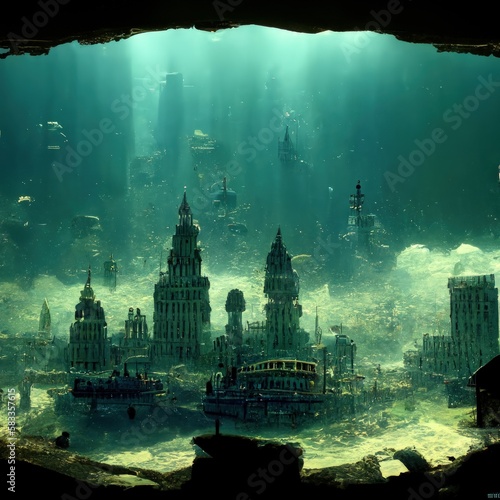 The image is of a dense city under the sea from the game "Bioshock. Generate Ai © libery