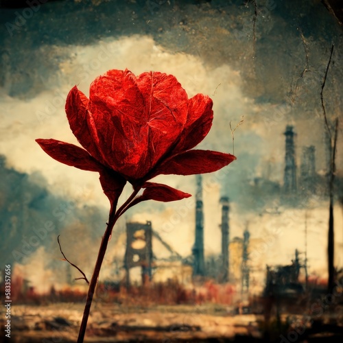This image is of a red flower in the fallout backdrop. Generate Ai